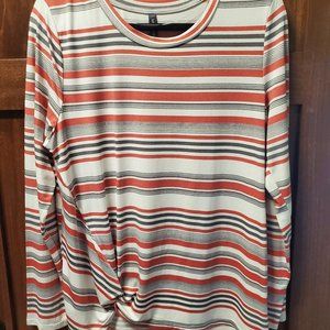 Like New Women's Long Sleeve Large White Shirt with Pink & Gray Stripes